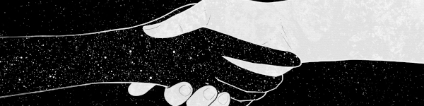 Art of a pale hand shaking hands with a dark hand filled with stars