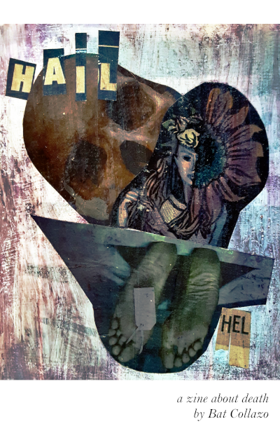 Hail Hel zine cover featuring a skull, toe tag, and goddess